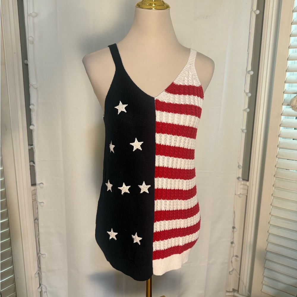 American Flag Knit Tank Top Red White Blue Patriotic Sweater Tank Size M